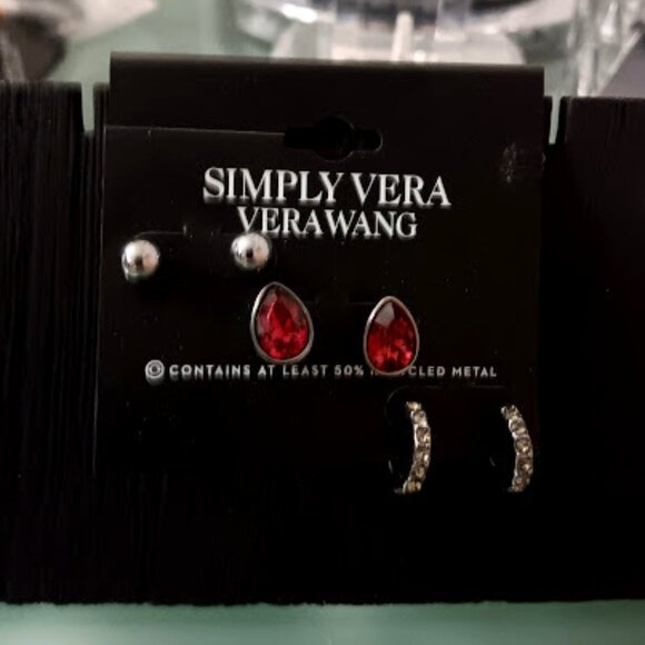 VERA WANG 3pc SET Goth Gunmetal Ball/Red Teardrop Crystal/Crystal Hoop Earrings - Picture 2 of 2
